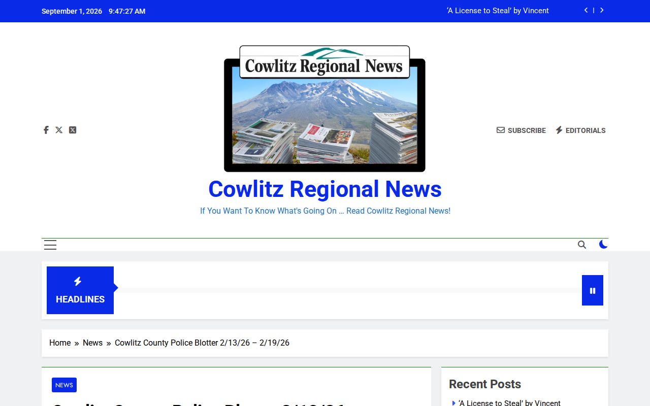 Cowlitz County arrest-record source, Cowlitz Regional News police blotter
