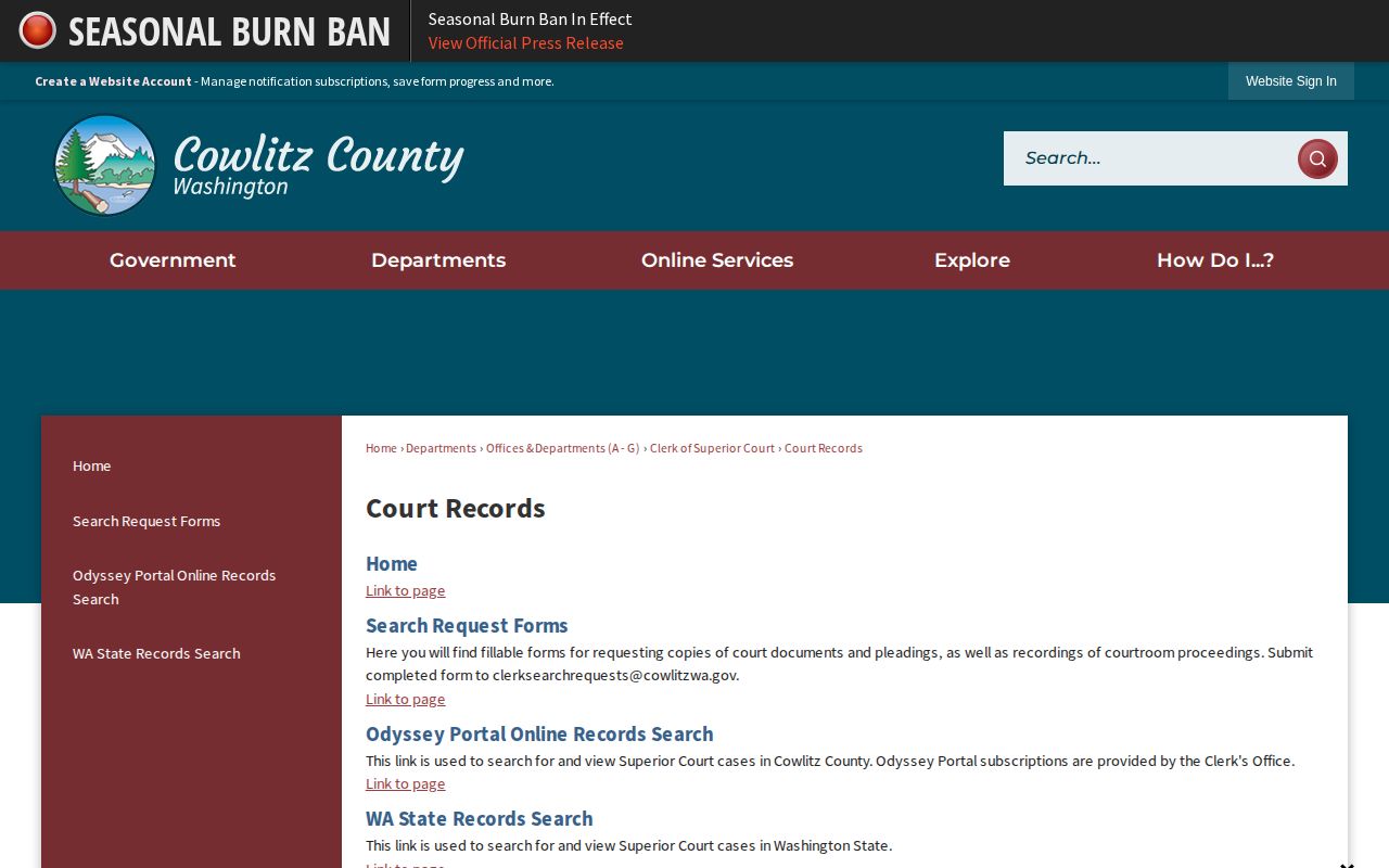 Cowlitz County official court record and booking disposition route