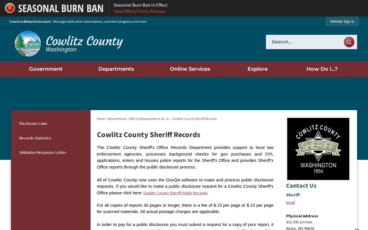 Cowlitz County Sheriff Records public booking record request page