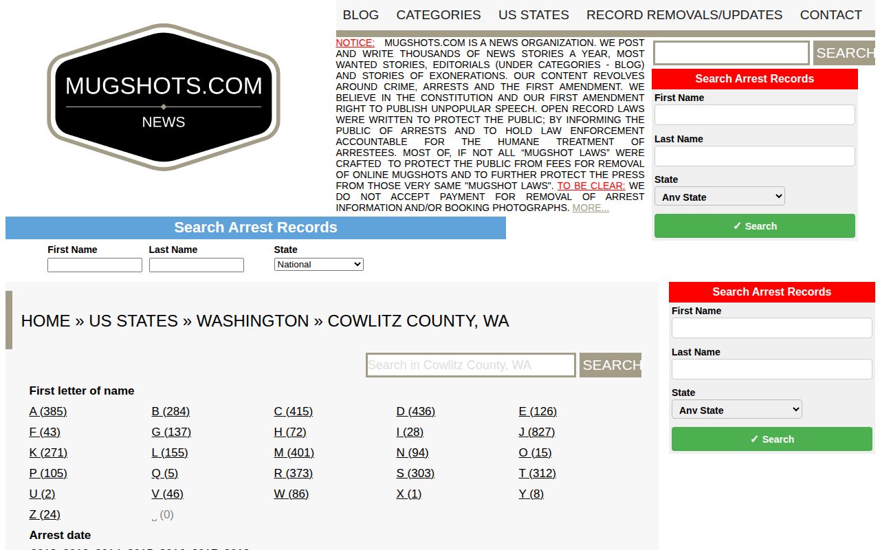 Historic third-party Cowlitz County booking record index interface
