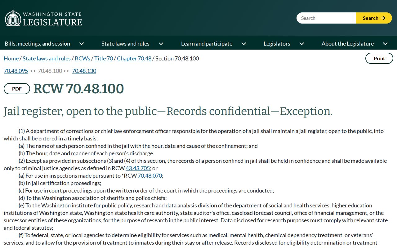 Cowlitz County booking record confidentiality statute RCW 70.48.100